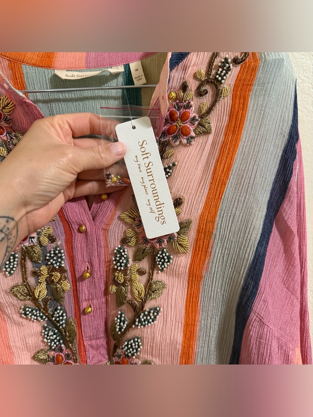 Soft Surroundings Aruba Striped Embroidered Gauze Caftan Maxi Dress M NWT - Picture 10 of 15